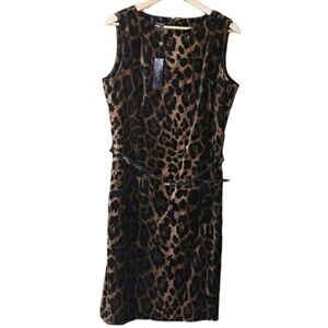 Talbots Velour Leopard Print Belted Career Midi Pencil Wiggle Dress 14